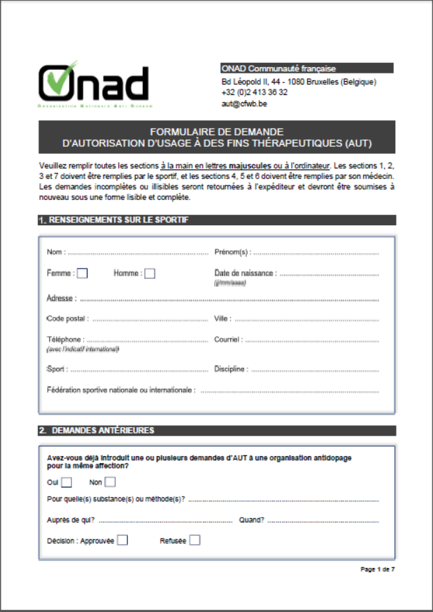 Formulaire de demande d'Autorisation d'Usage à des fins Thérapeutiques (document PDF à télécharger)